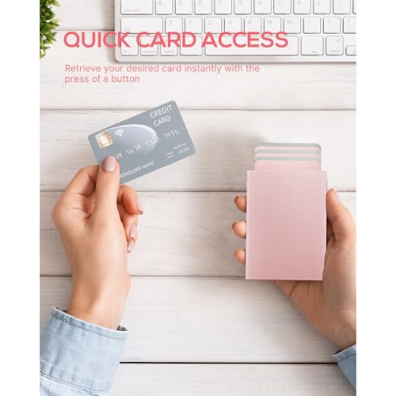Womens Wallet Card Holder: Pop Up Card Case Genuine Leather RFID Blocking Slim Minimalist Thin Small Size 13 Card Capacitiy ID Window Cash Pocket Pink