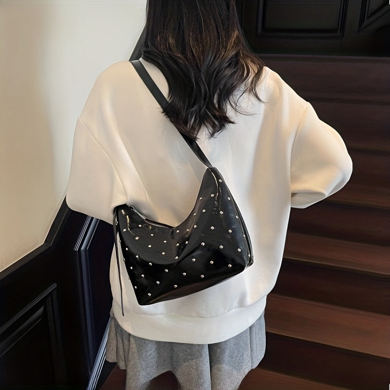 Women's Dumpling Bag with White Studs & Fringe-Free Strap - Cute -like Handbag, Zipper Closure Round Purse for Commuting,, - Black\u002FWhite Crossbody Bag (Casual & Professional)