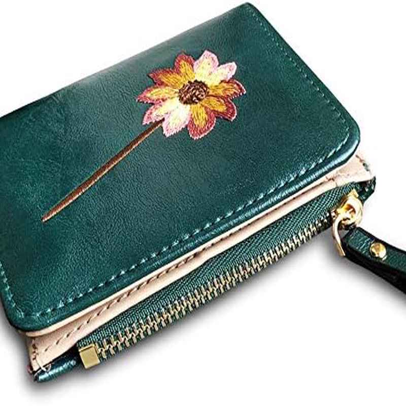 Wallet Small Bifold | RFID, Compact Female Cute Mini Zipper Coin Card Purse for Teen, Green, Fabric, Cartoon Pattern, Hand Washable