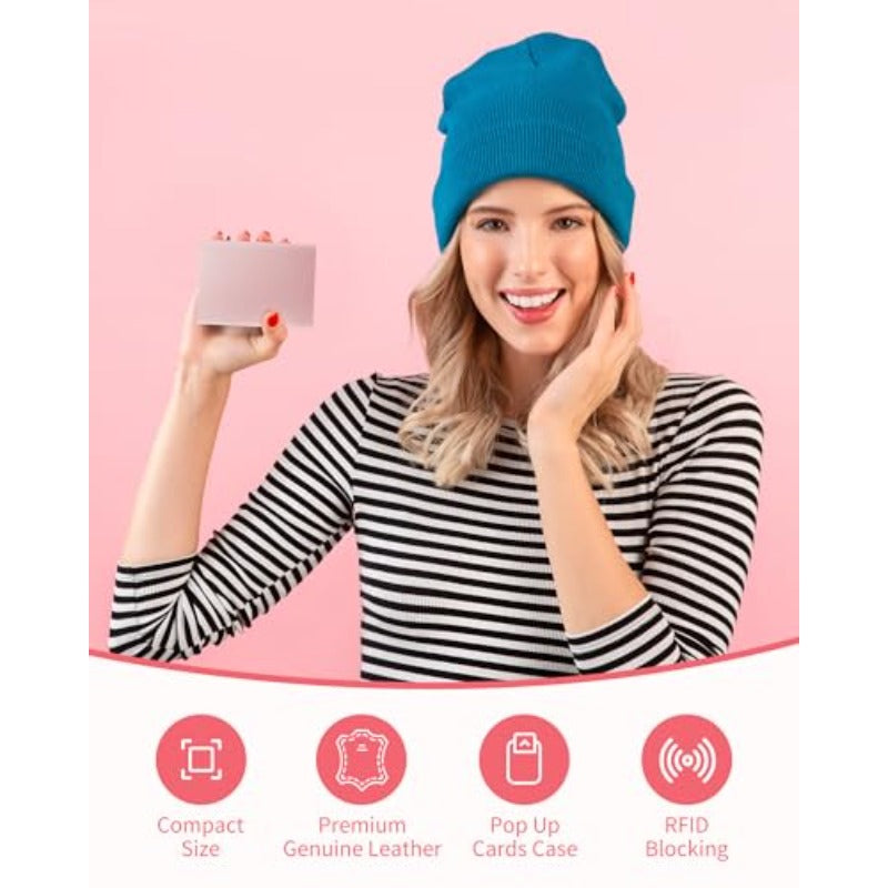 Womens Wallet Card Holder: Pop Up Card Case Genuine Leather RFID Blocking Slim Minimalist Thin Small Size 13 Card Capacitiy ID Window Cash Pocket Pink