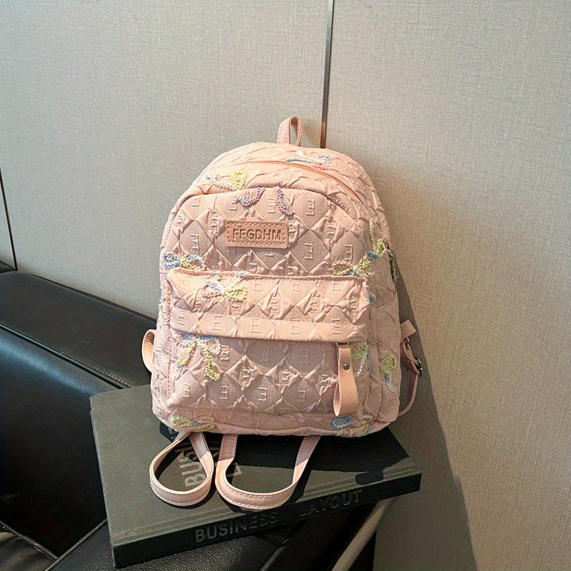 2025 Summer Women'S Backpack - Stylish Pink & Black Quilted Design with Floral Accents, Adjustable Straps, Multiple Compartments, Perfect for, Travel, and Everyday Use, Backpack for, Secure Zipper Closure