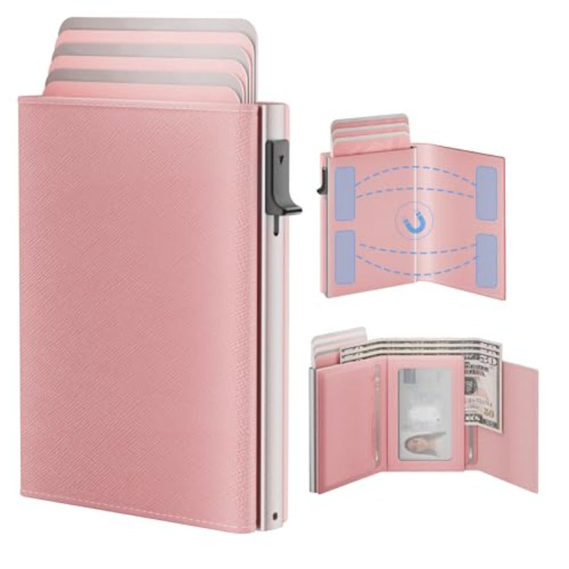 Womens Wallet Card Holder: Pop Up Card Case Genuine Leather RFID Blocking Slim Minimalist Thin Small Size 13 Card Capacitiy ID Window Cash Pocket Pink