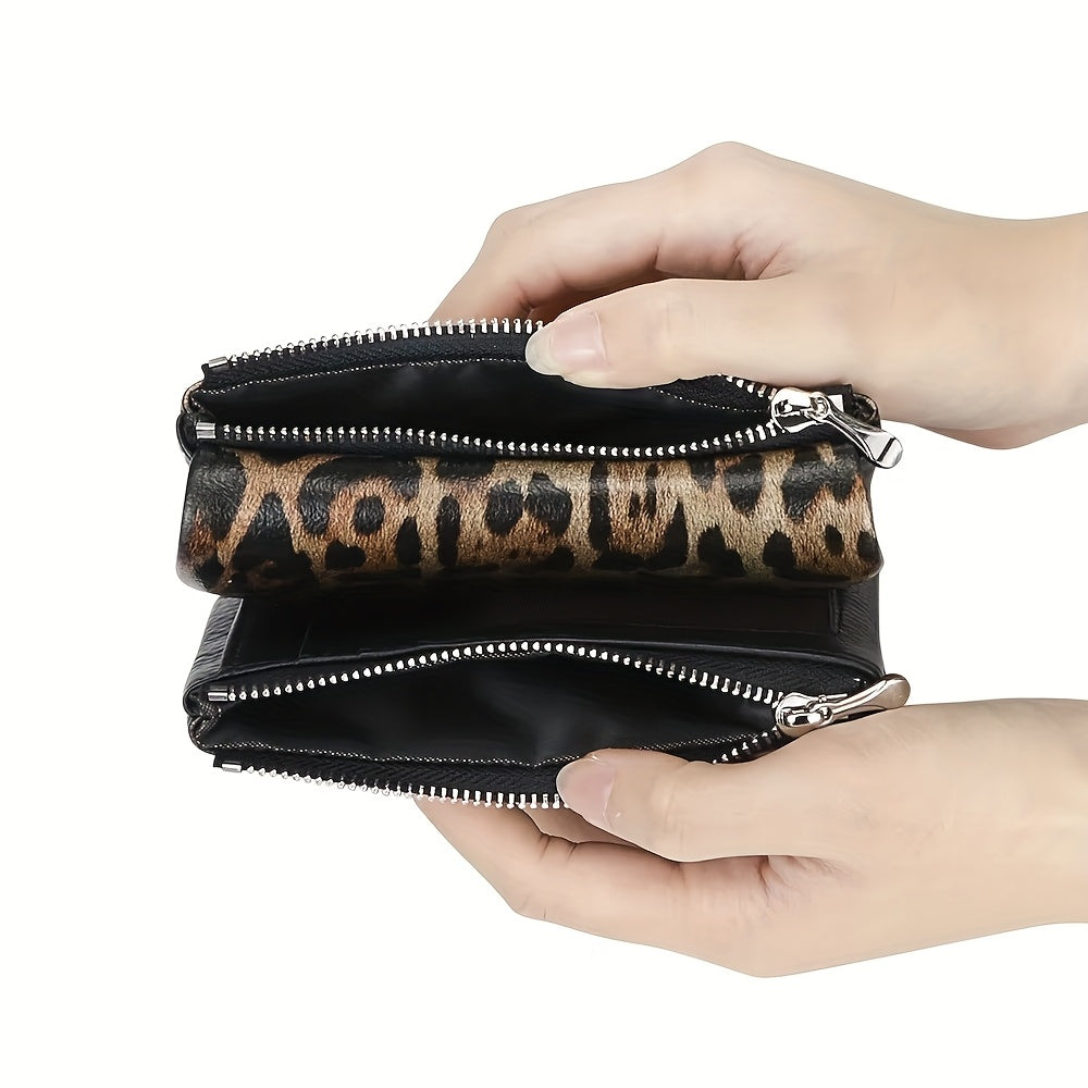 Women'S Leopard Print Wallet with Magnetic Closure & Photo Slot - Golden-Tone Hardware, Zipper Pocket & Coin Pocket, Golden-Tone Hardware, Compact Everyday Wallet For Women & S, Stylish Accessory, Fashionable Accessory, Fashion Lovers