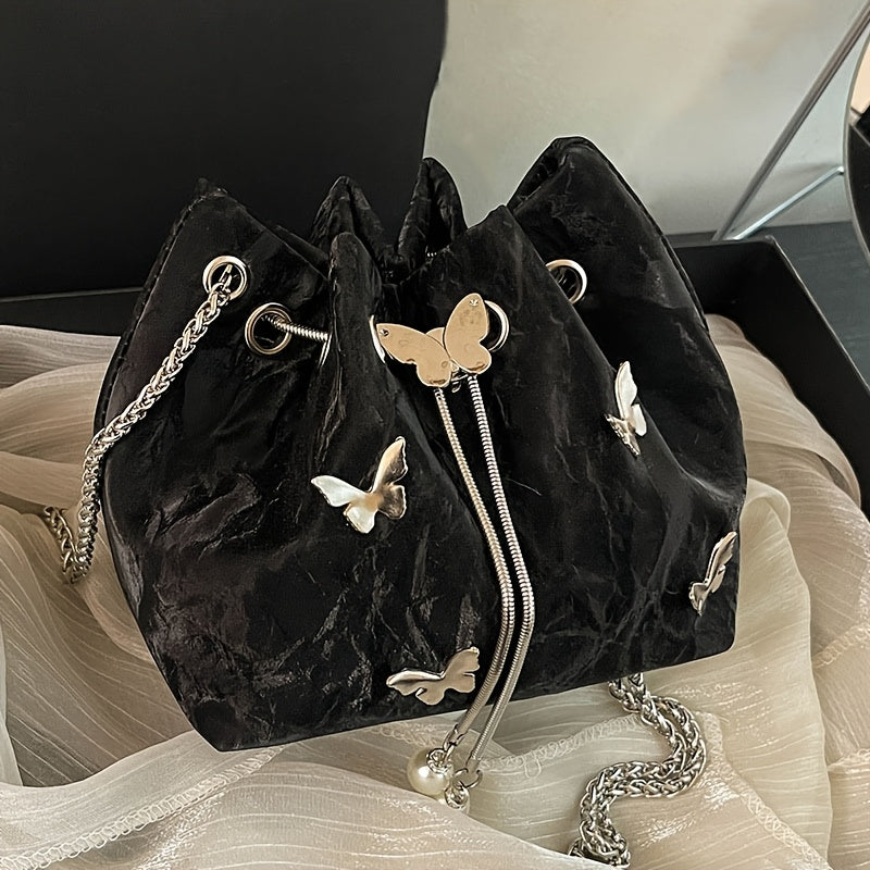 Fashionable Butterfly Crossbody Bag, Pleated Drawstring Butterfly Shoulder Crossbody Bag For Women, Small Chic Bucket Bag, Perfect For Work, Shopping, And Travel