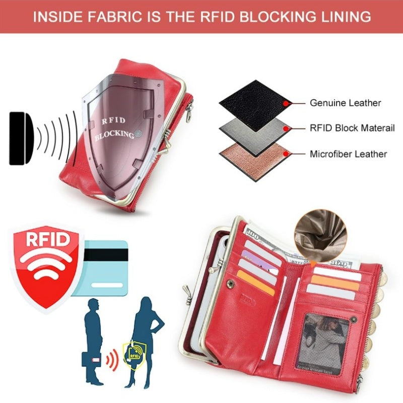 Women'S Vintage Full Grain Goat Leather Kiss Lock Wallet - RFID Blocking Zipper Closure, Red Clutch with Coin Purse, Multi-Compartment Organizer, Photo Holder & Card Slots, Machine Washable, Secure & Stylish Everyday Carry (Durable Non-Wove