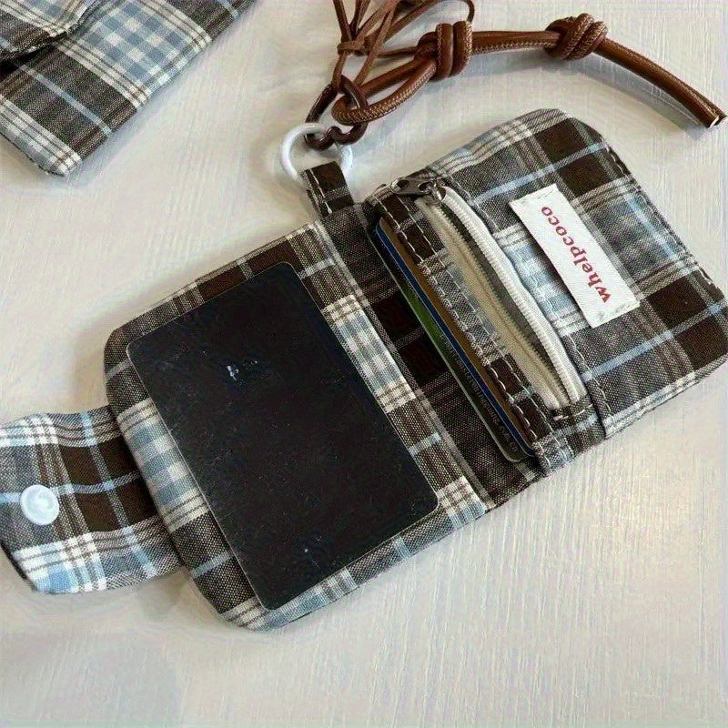 1 Women's Retro Card Wallet - Dark Coffee Plaid with Brown & Blue Pattern, Zipper Closure Compact ID & Card Holder, Minimalist Design for Everyday Essentials