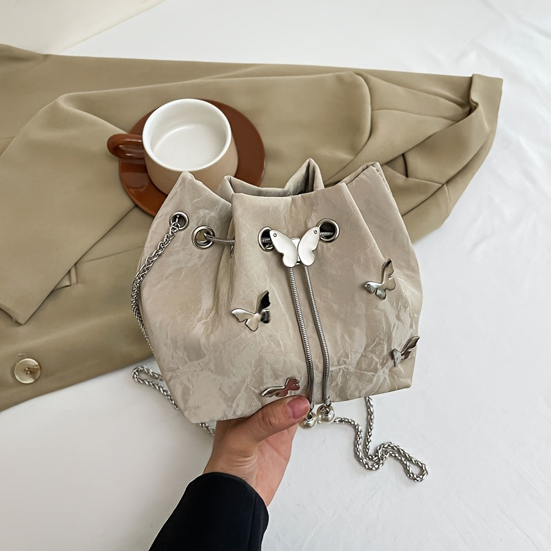 Fashionable Butterfly Crossbody Bag, Pleated Drawstring Butterfly Shoulder Crossbody Bag For Women, Small Chic Bucket Bag, Perfect For Work, Shopping, And Travel