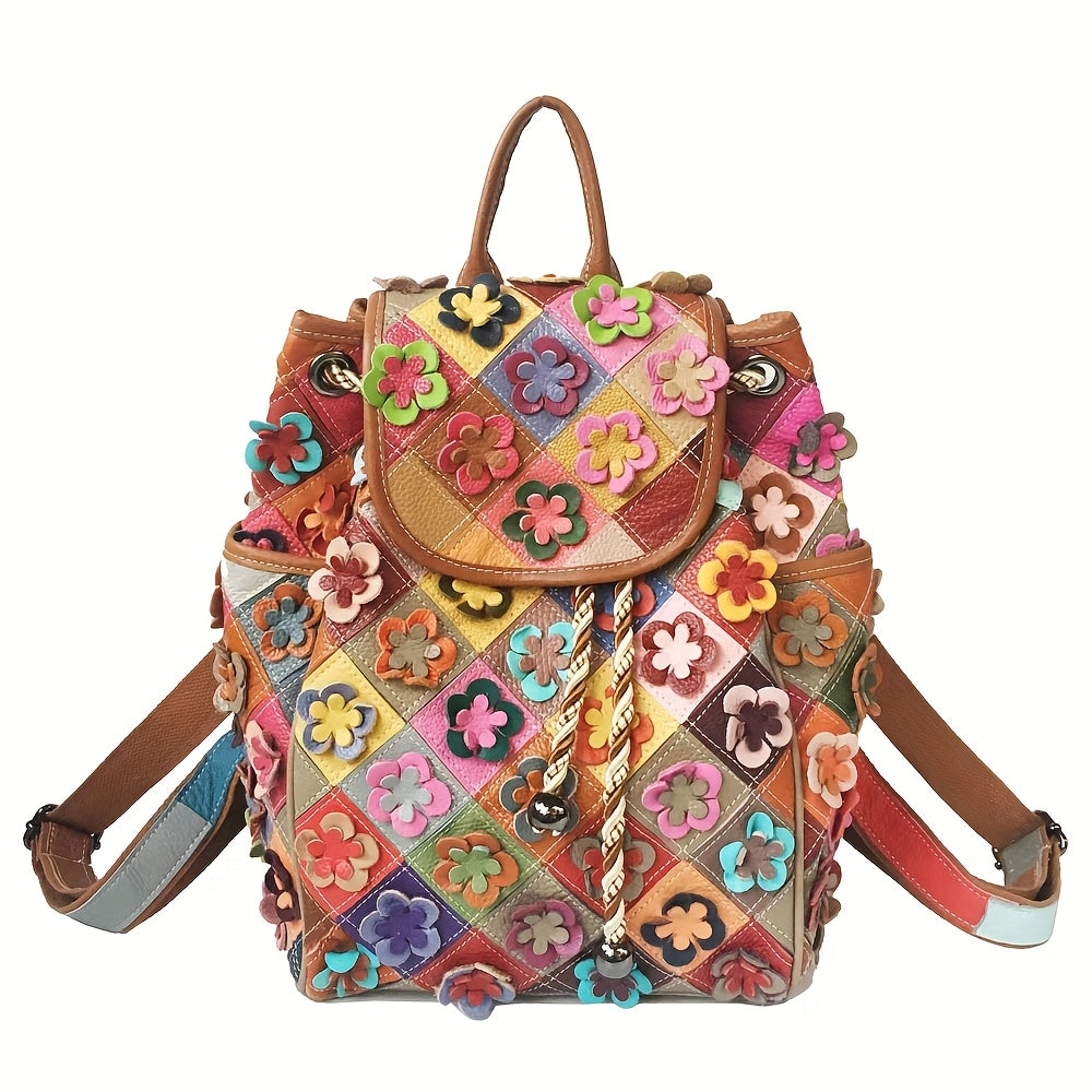 Women'S Bohemian Floral Backpack - Handmade Genuine Cowhide Leather Multicolor Flower Design with Adjustable Straps & Drawstring Closure, Vibrant Boho School Backpack for Travel, Festivals, Everyday Use - Durable & Spacious Main Compartment (No Hard