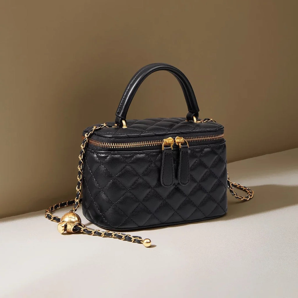 Luxury Women's Quilted Chain-Link Handbag - Synthetic Leather Black Shoulder Bag with Golden-Tone Hardware, Chain Strap & Snap Closure, Structured Tote for Everyday & Special Occasions, Versatile Elegant Purse