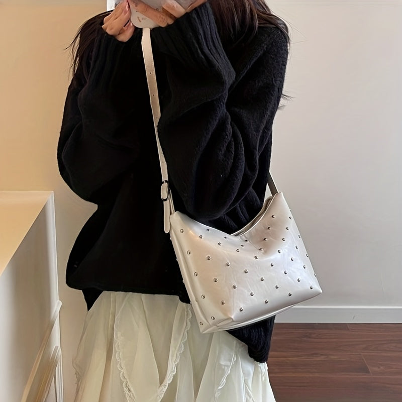 Women's Dumpling Bag with White Studs & Fringe-Free Strap - Cute -like Handbag, Zipper Closure Round Purse for Commuting,, - Black\u002FWhite Crossbody Bag (Casual & Professional)