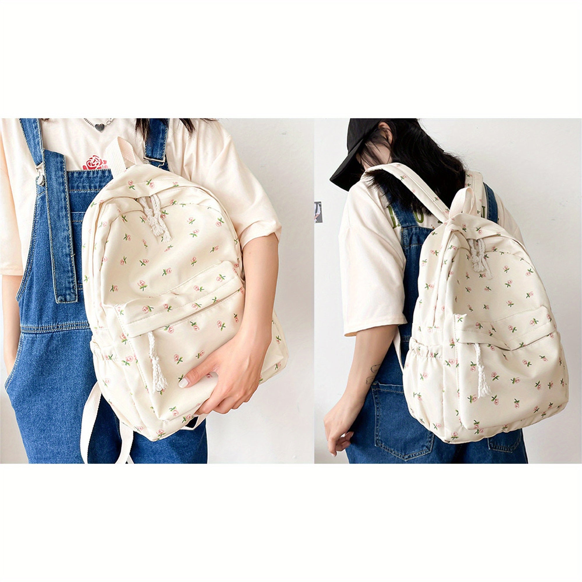 Women's Lightweight Canvas Backpack with Cute Floral Print - Soft Shell School Bookbag, Travel Daypack, Zipper Closure & Narrow Pockets, Machine Washable White, Travel Backpack