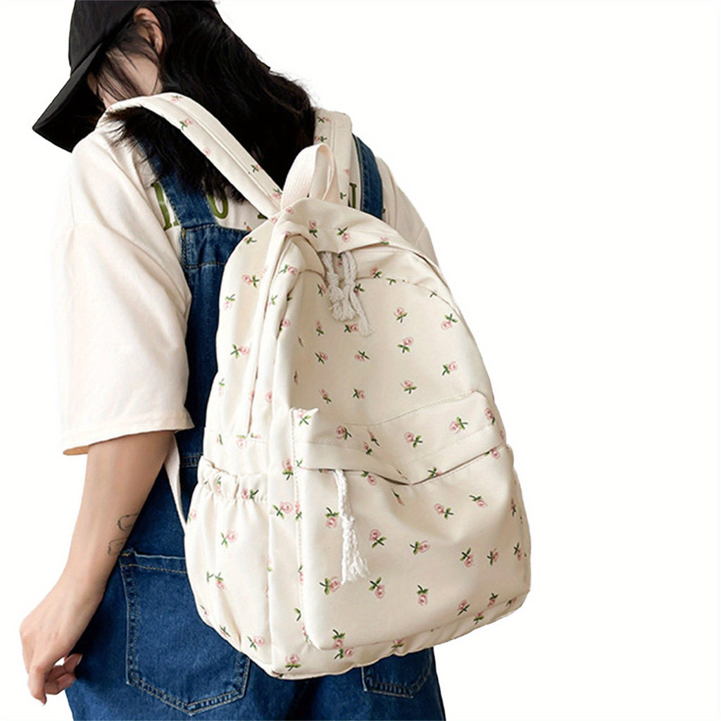 Women's Lightweight Canvas Backpack with Cute Floral Print - Soft Shell School Bookbag, Travel Daypack, Zipper Closure & Narrow Pockets, Machine Washable White, Travel Backpack