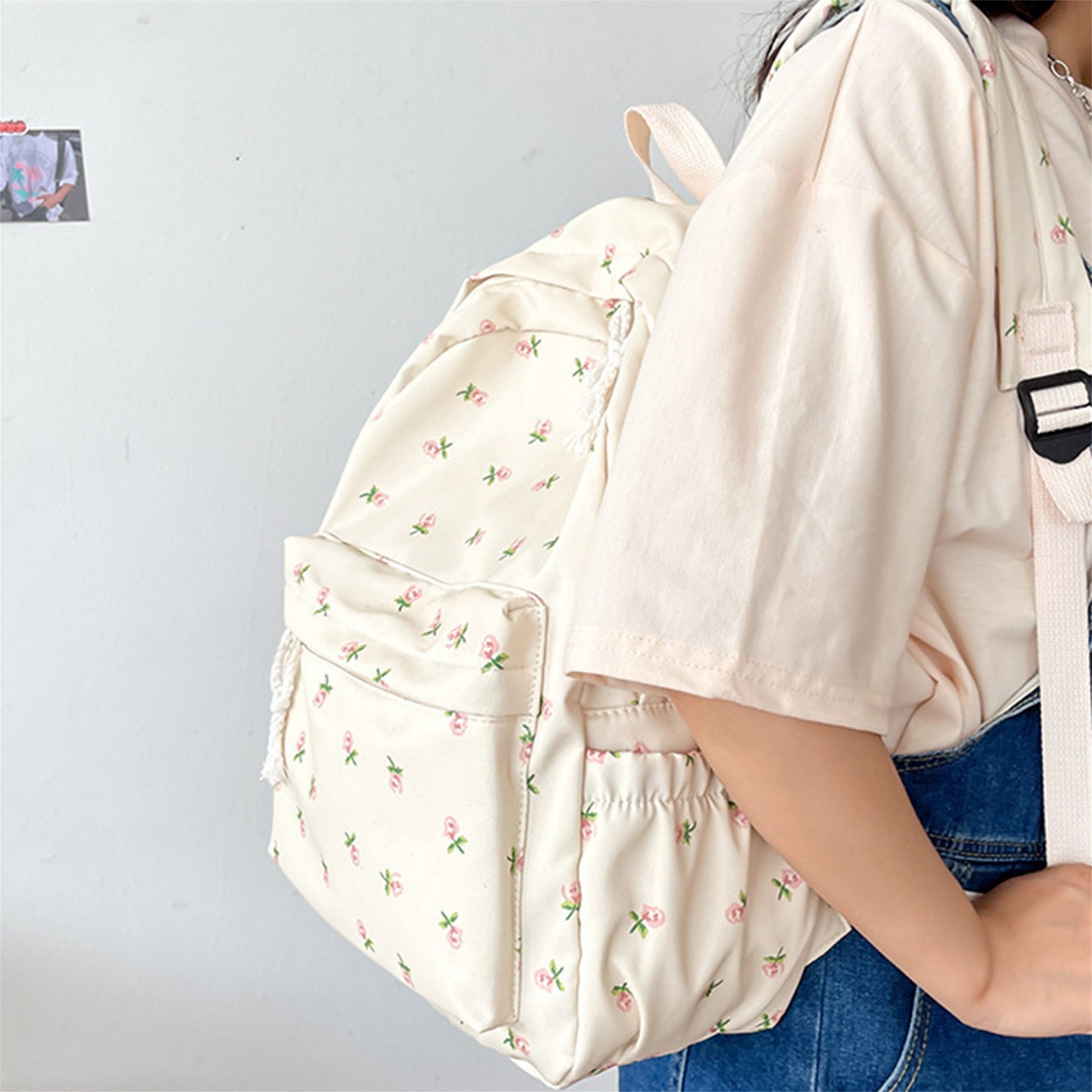 Women's Lightweight Canvas Backpack with Cute Floral Print - Soft Shell School Bookbag, Travel Daypack, Zipper Closure & Narrow Pockets, Machine Washable White, Travel Backpack