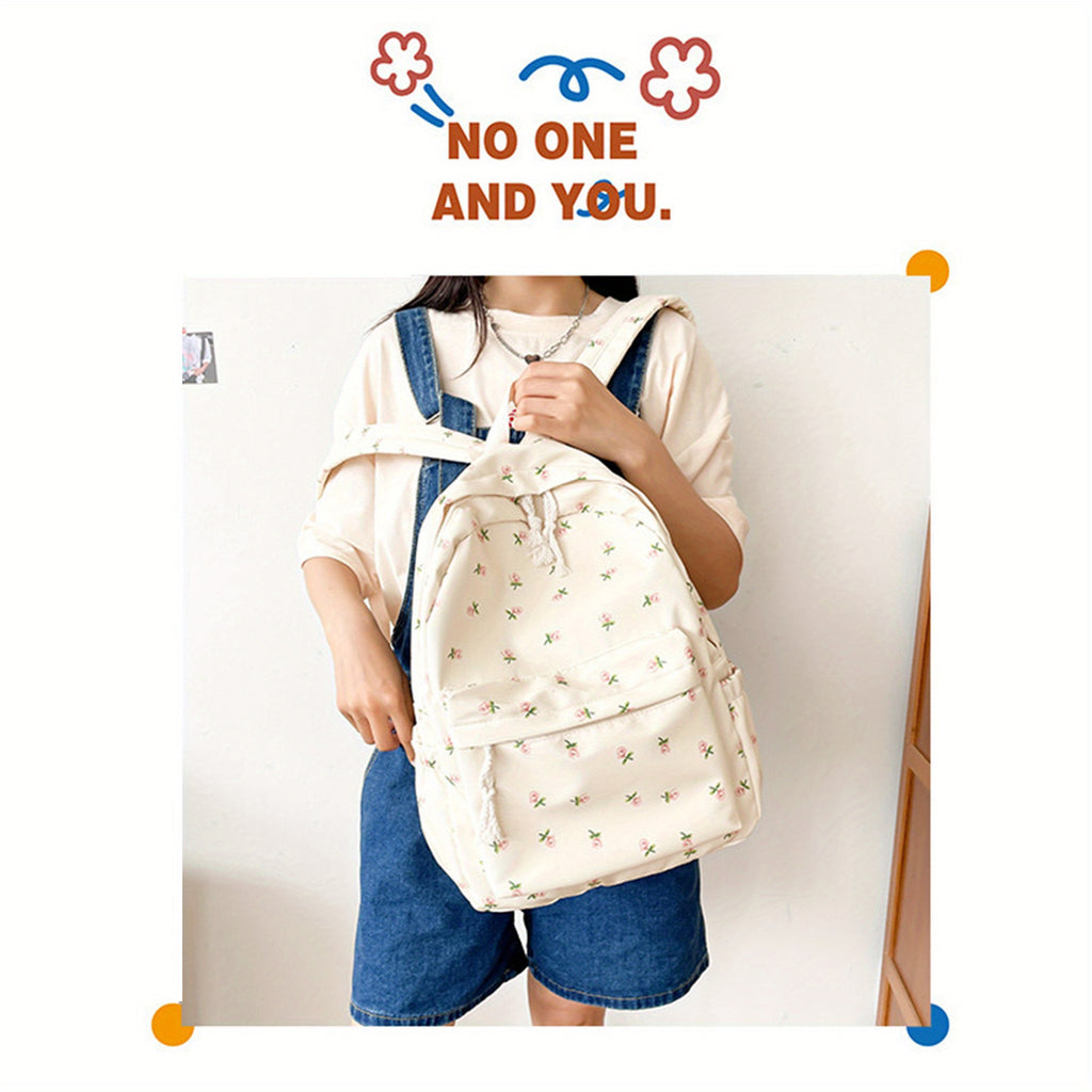 Women's Lightweight Canvas Backpack with Cute Floral Print - Soft Shell School Bookbag, Travel Daypack, Zipper Closure & Narrow Pockets, Machine Washable White, Travel Backpack