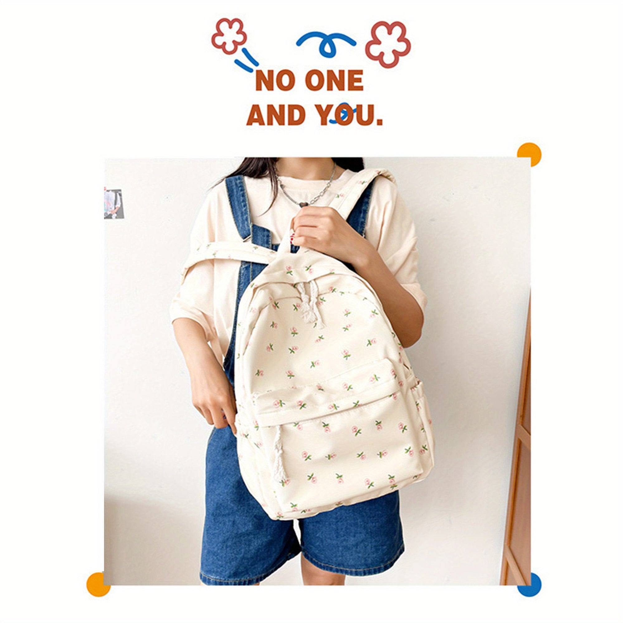 Women's Lightweight Canvas Backpack with Cute Floral Print - Soft Shell School Bookbag, Travel Daypack, Zipper Closure & Narrow Pockets, Machine Washable White, Travel Backpack