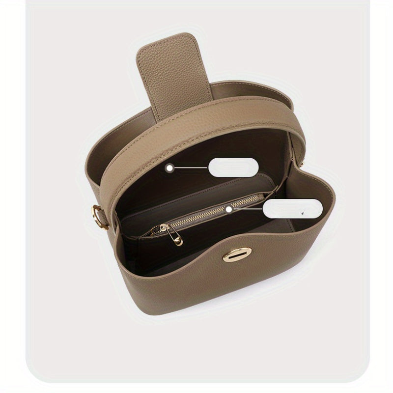 Leather Bucket Bag with Detachable Adjustable Crossbody\u002FHand Strap - Minimalist Tote Purse, Zipper Closure &  - Lightweight Handbag for, Casual, Formal Events