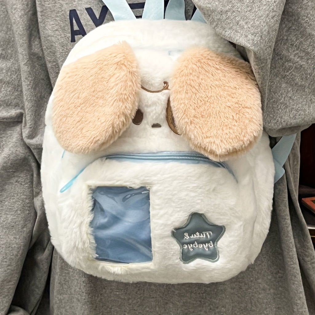 Cute Kawaii Plush Puppy Backpack for & - Soft Faux Fur School Bag with Puppy Face & Ears, Pink Bow-like Ears, White & Pink Paws, Zipper Closure, Small Single Shoulder Handbag for & s ( Anime Style Accessory