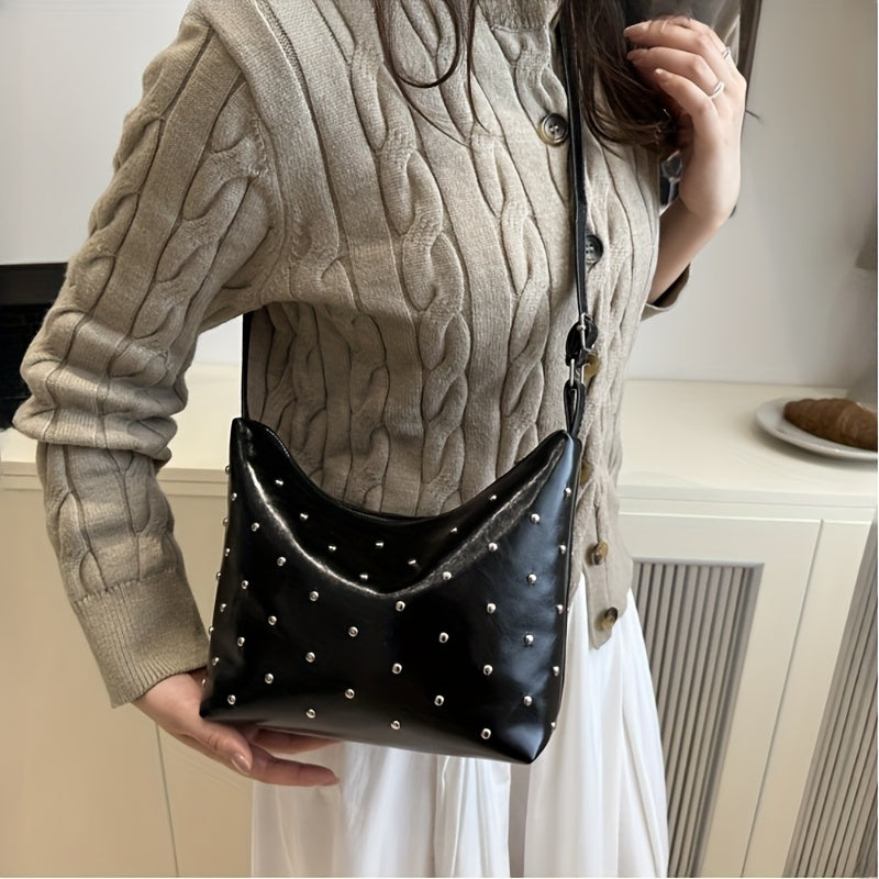 Women's Dumpling Bag with White Studs & Fringe-Free Strap - Cute -like Handbag, Zipper Closure Round Purse for Commuting,, - Black\u002FWhite Crossbody Bag (Casual & Professional)