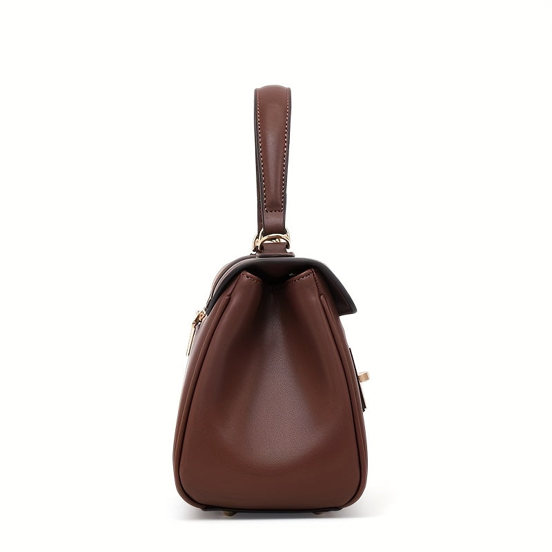 Women's Elegant Large Capacity Handbag - Sophisticated Convertible Clutch, with Golden-Tone Hardware, Zipper Closure, Structured design - Formal & Everyday Use - Available in Deep Brown\u002FBlack - Luxury Leather-like Women's Purse