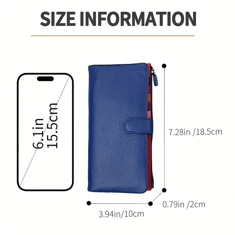 Women'S Genuine Leather Long Double-Fold Wallet - Large Capacity 12-Card Holder with Snap Closure, ID Window & Coin Pocket - Elegant Business & Everyday Wallet, Durable Leather Construction, Golden-Tone Hardware, Secure & Stylish Organizer for Profe