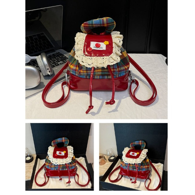 Sweet Lace Trim Backpack - Blue & Red Plaid Bag with Adjustable Strap, -Tone Hardware & Flag Charm-like Tag, Hand Washable Bookbag for, Christmas Gift (Turquoise\u002F Blue)