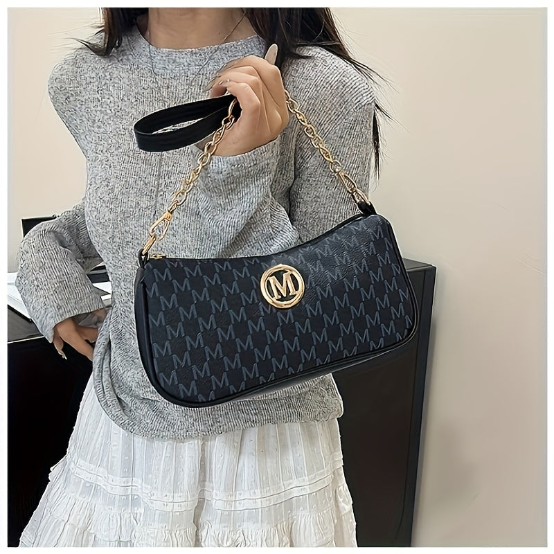 French-Style Vintage Underarm Bag for, New Letter Print Small Square Bag with Chain Shoulder Strap, Perfect Shoulder Bag with M Logo - Zipper Closure Shoulder Bag, Suitable for Daily Commute and Casual Outings, Fashion Accessory, Stylish Handbag