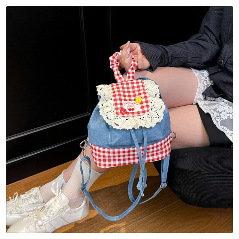 Sweet Lace Trim Backpack - Blue & Red Plaid Bag with Adjustable Strap, -Tone Hardware & Flag Charm-like Tag, Hand Washable Bookbag for, Christmas Gift (Turquoise\u002F Blue)