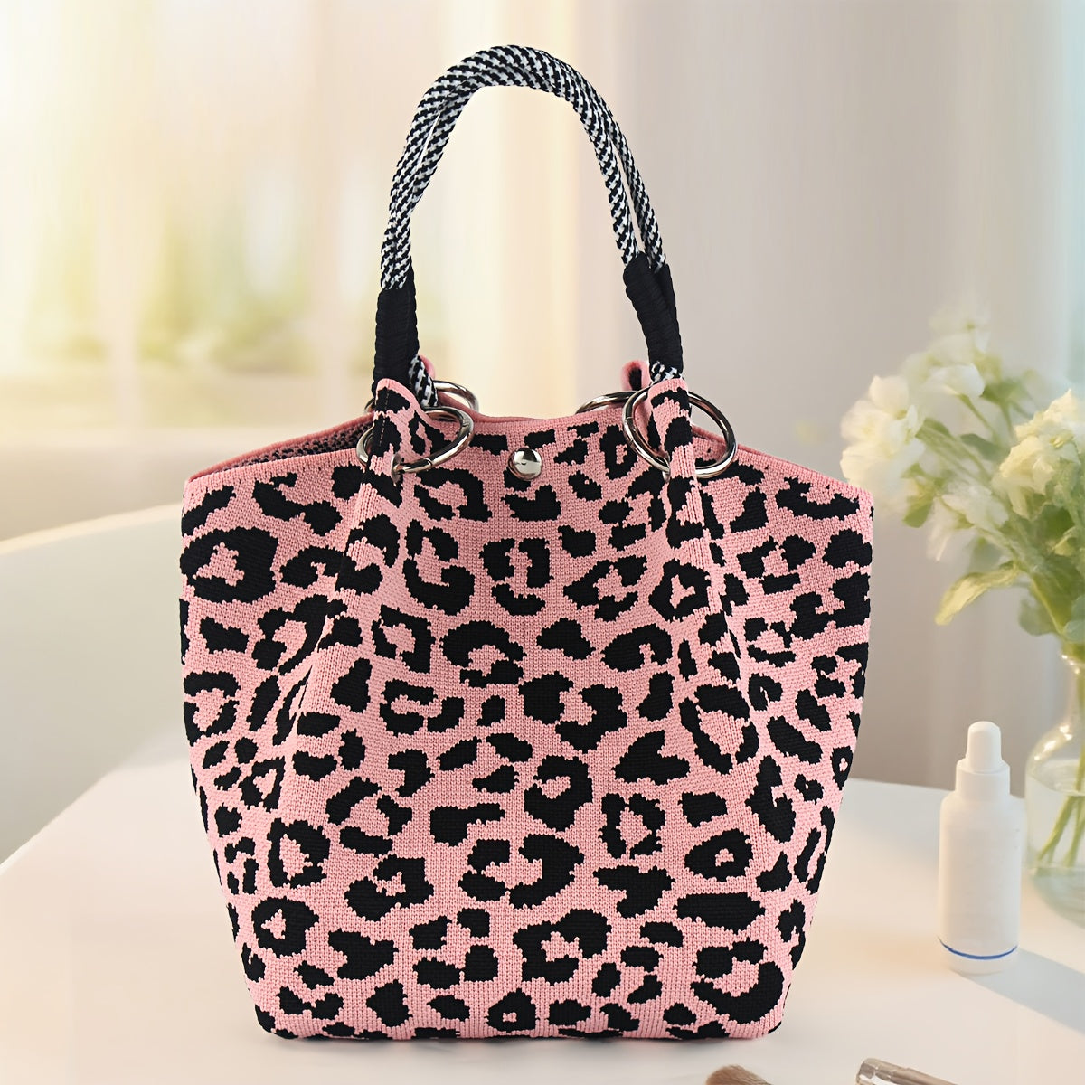 Women'S Leopard Print Tote Bag | Pink Animal Print Handbag with Magnetic Button Closure, Durable & Metal Ring Hardware, Fixed Shoulder Strap for Work, Travel, Commute - Stylish Gift for Women, Trendy Accessory, Sturdy Construction