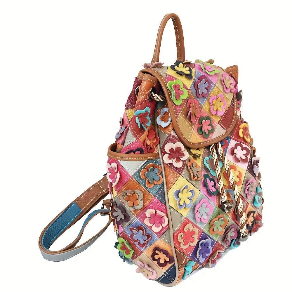 Women'S Bohemian Floral Backpack - Handmade Genuine Cowhide Leather Multicolor Flower Design with Adjustable Straps & Drawstring Closure, Vibrant Boho School Backpack for Travel, Festivals, Everyday Use - Durable & Spacious Main Compartment (No Hard
