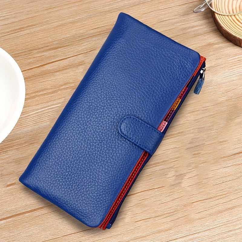 Women'S Genuine Leather Long Double-Fold Wallet - Large Capacity 12-Card Holder with Snap Closure, ID Window & Coin Pocket - Elegant Business & Everyday Wallet, Durable Leather Construction, Golden-Tone Hardware, Secure & Stylish Organizer for Profe