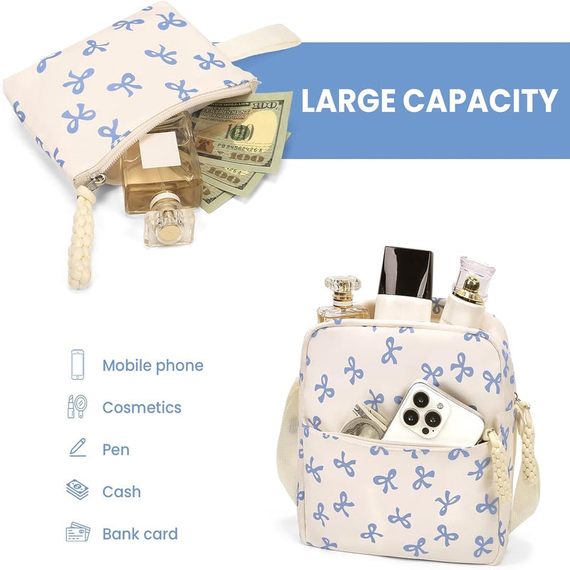 Bow Backpack for Women - Coquette Aesthetic Nylon Rucksack with Cute Kawaii Bow Pattern 3Pcs Set
