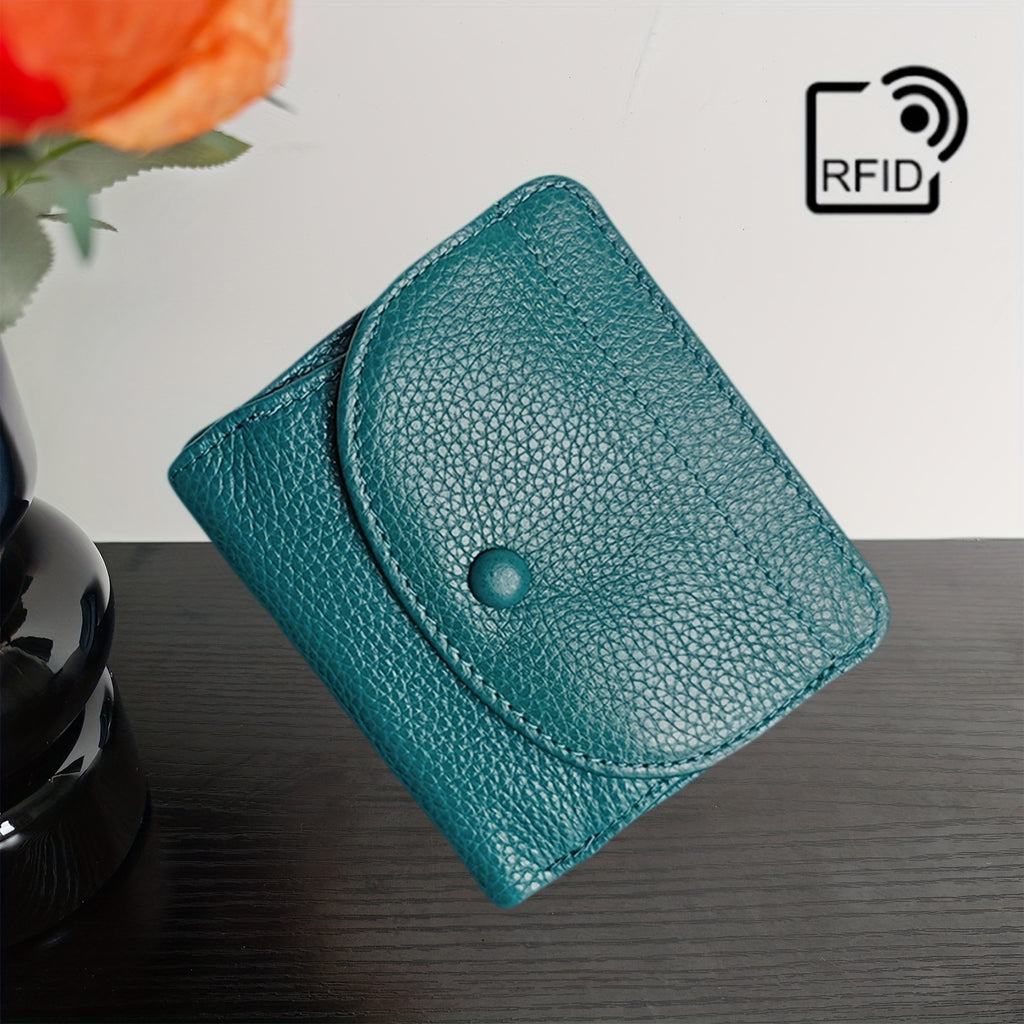 Women'S Genuine Leather Wallet - RFID Blocking, Coin Purse & Card Holder with Lychee Pattern, Soft Compact Design, Button Closure, Polyester Lined, Dry Clean Only, Elegant Everyday Accessory, Cute Wallet