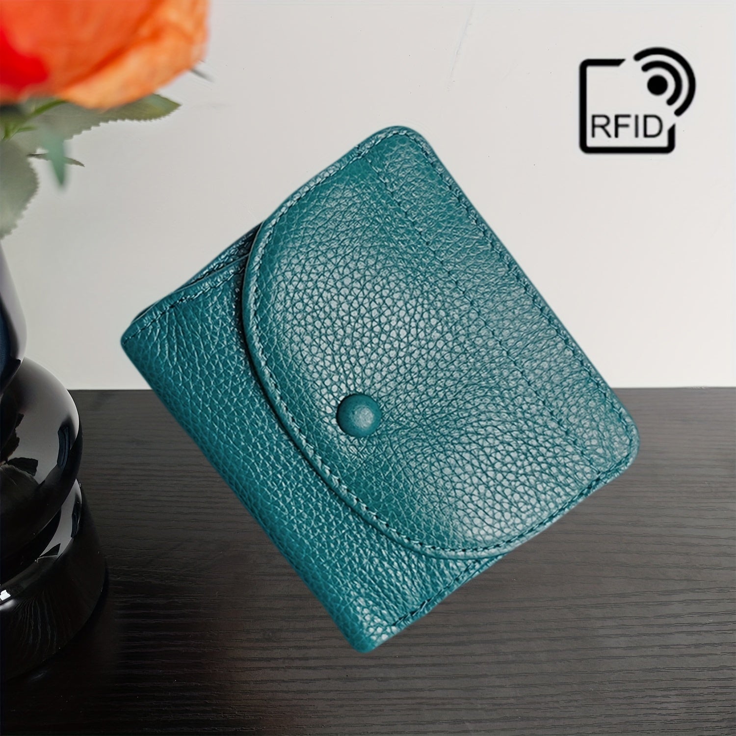 Women'S Genuine Leather Wallet - RFID Blocking, Coin Purse & Card Holder with Lychee Pattern, Soft Compact Design, Button Closure, Polyester Lined, Dry Clean Only, Elegant Everyday Accessory, Cute Wallet