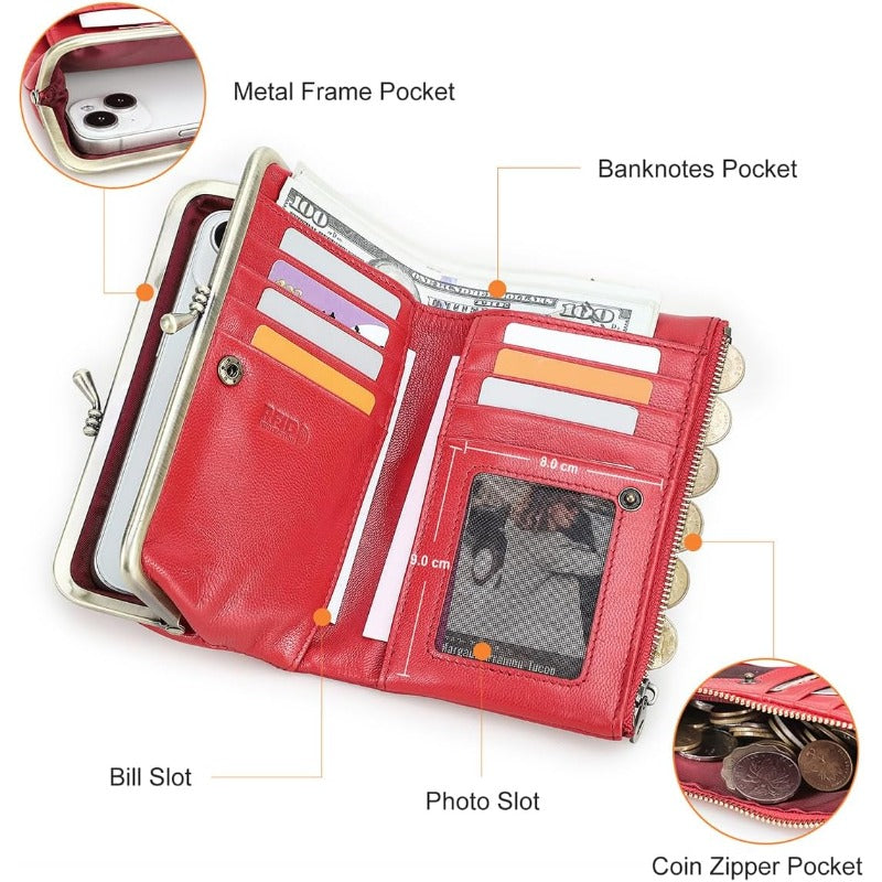 Women'S Vintage Full Grain Goat Leather Kiss Lock Wallet - RFID Blocking Zipper Closure, Red Clutch with Coin Purse, Multi-Compartment Organizer, Photo Holder & Card Slots, Machine Washable, Secure & Stylish Everyday Carry (Durable Non-Wove