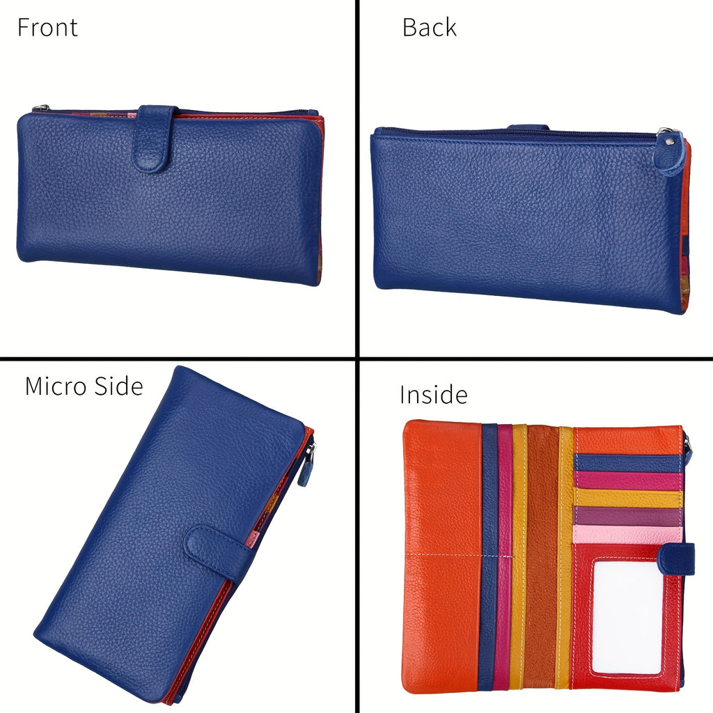 Women'S Genuine Leather Long Double-Fold Wallet - Large Capacity 12-Card Holder with Snap Closure, ID Window & Coin Pocket - Elegant Business & Everyday Wallet, Durable Leather Construction, Golden-Tone Hardware, Secure & Stylish Organizer for Profe