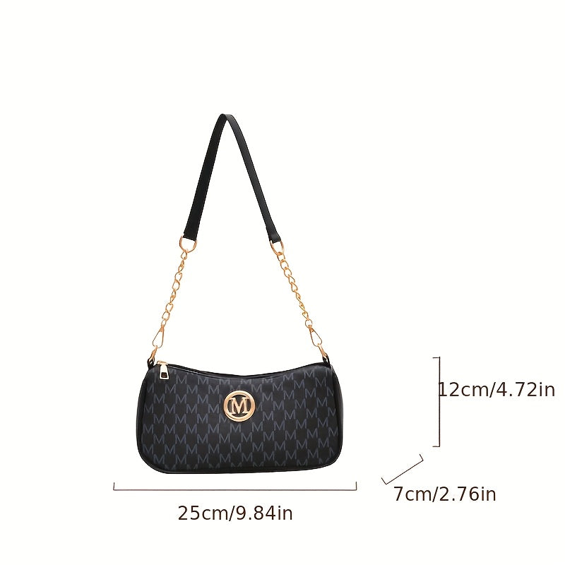 French-Style Vintage Underarm Bag for, New Letter Print Small Square Bag with Chain Shoulder Strap, Perfect Shoulder Bag with M Logo - Zipper Closure Shoulder Bag, Suitable for Daily Commute and Casual Outings, Fashion Accessory, Stylish Handbag