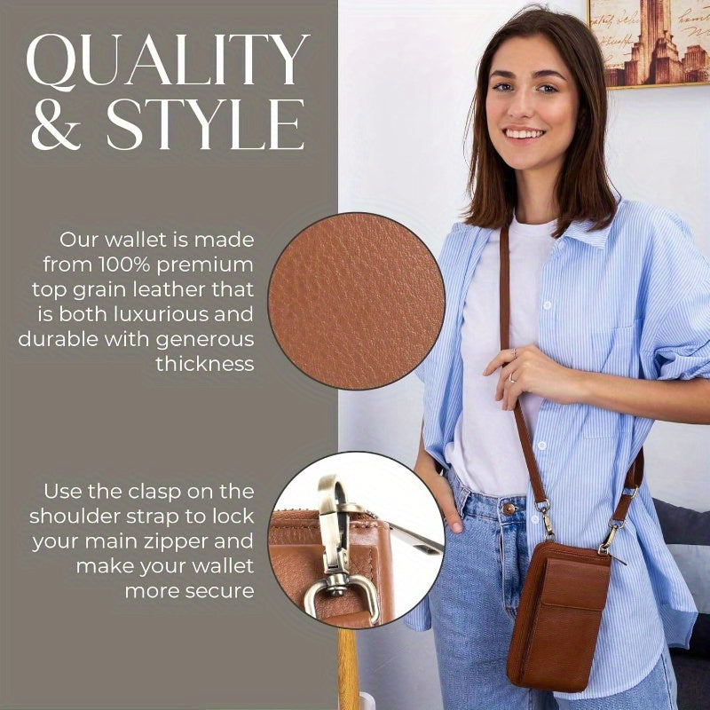 Crossbody Faux Leather Wallet Phone Purse, Anti Theft and RFID Blocking, Small Elegant Design for Travel