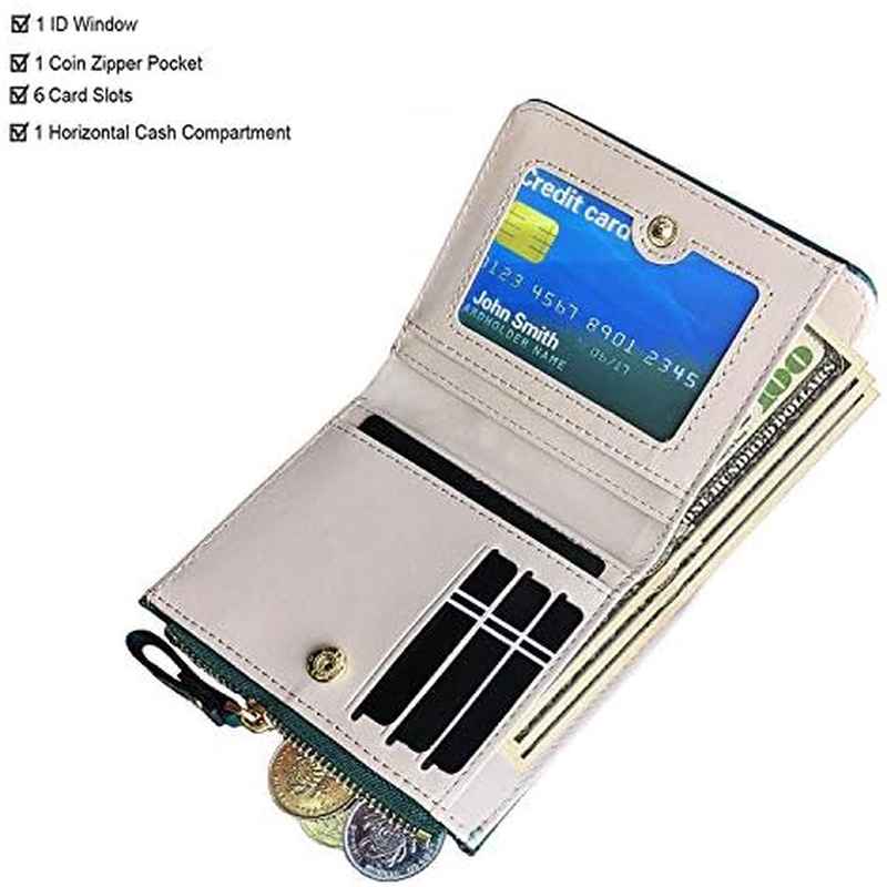 Wallet Small Bifold | RFID, Compact Female Cute Mini Zipper Coin Card Purse for Teen, Green, Fabric, Cartoon Pattern, Hand Washable