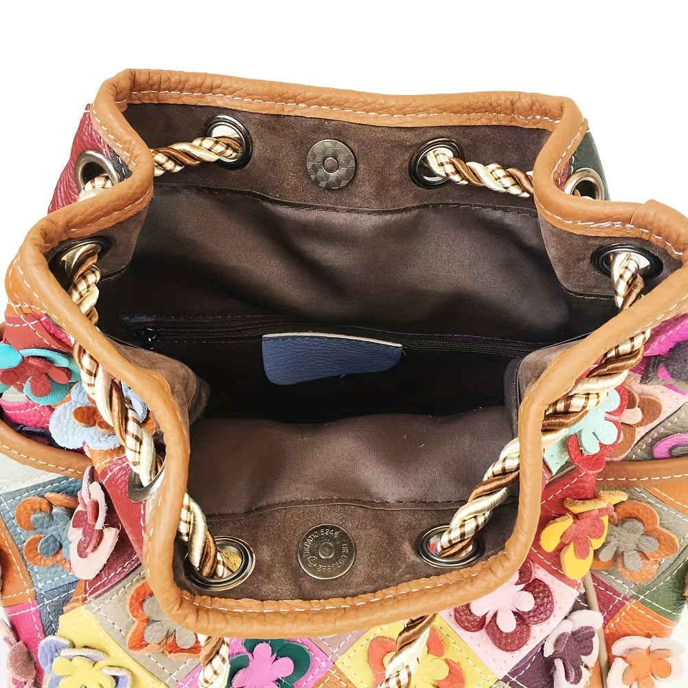 Women'S Bohemian Floral Backpack - Handmade Genuine Cowhide Leather Multicolor Flower Design with Adjustable Straps & Drawstring Closure, Vibrant Boho School Backpack for Travel, Festivals, Everyday Use - Durable & Spacious Main Compartment (No Hard