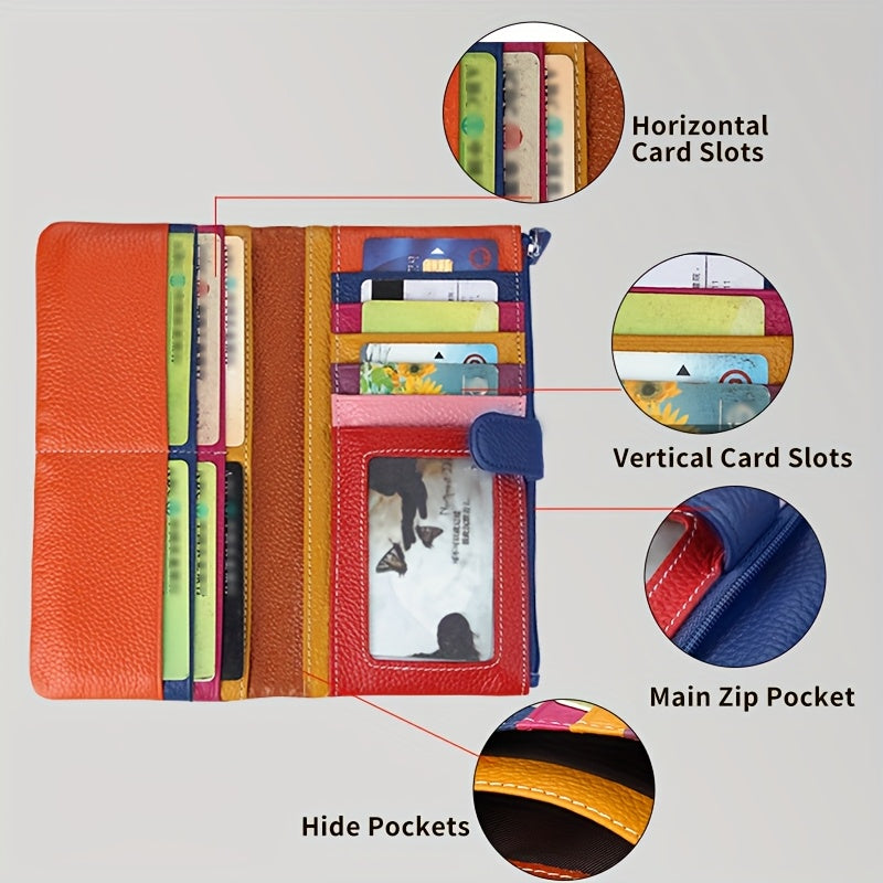 Women'S Genuine Leather Long Double-Fold Wallet - Large Capacity 12-Card Holder with Snap Closure, ID Window & Coin Pocket - Elegant Business & Everyday Wallet, Durable Leather Construction, Golden-Tone Hardware, Secure & Stylish Organizer for Profe