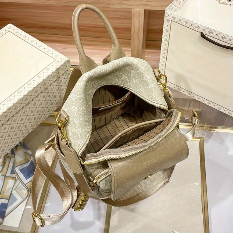 2025 New Women'S Light Luxury Backpack - Large Capacity, Adjustable Straps, Grid Pattern, Beige & Golden-Tone Hardware, Casual Travel & Everyday Use, Backpack for Travel, Stylish Backpack, Durable Zipper Closure