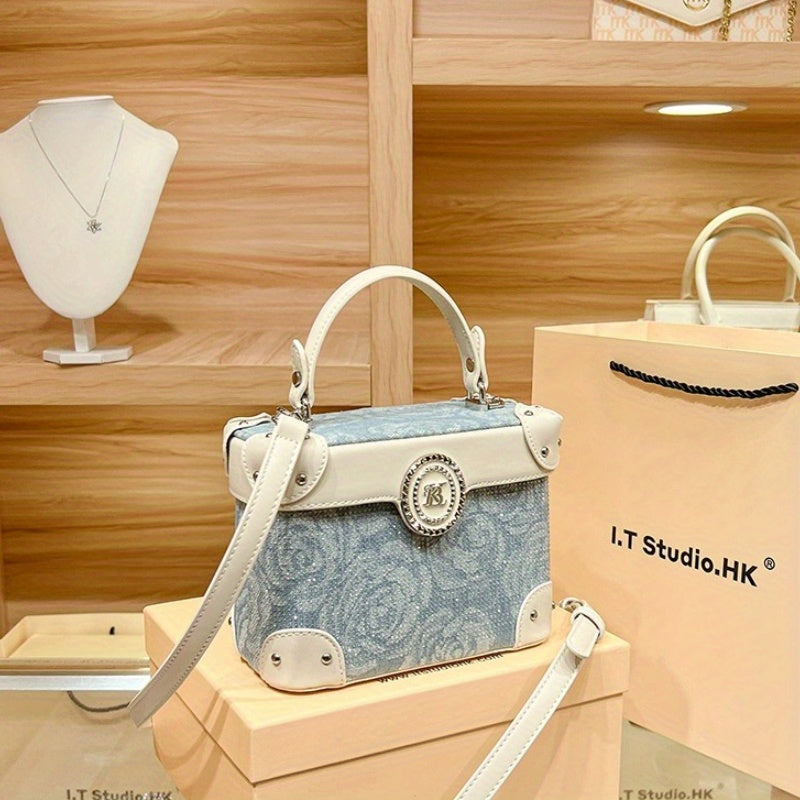 Style Decode Handbag for Women, Minimalist Bucket Bag, Lightweight Luxury Handbag with Magnetic Closure, Blue Cloud Pattern, Polyester Lining, Perfect for Casual & Office Use