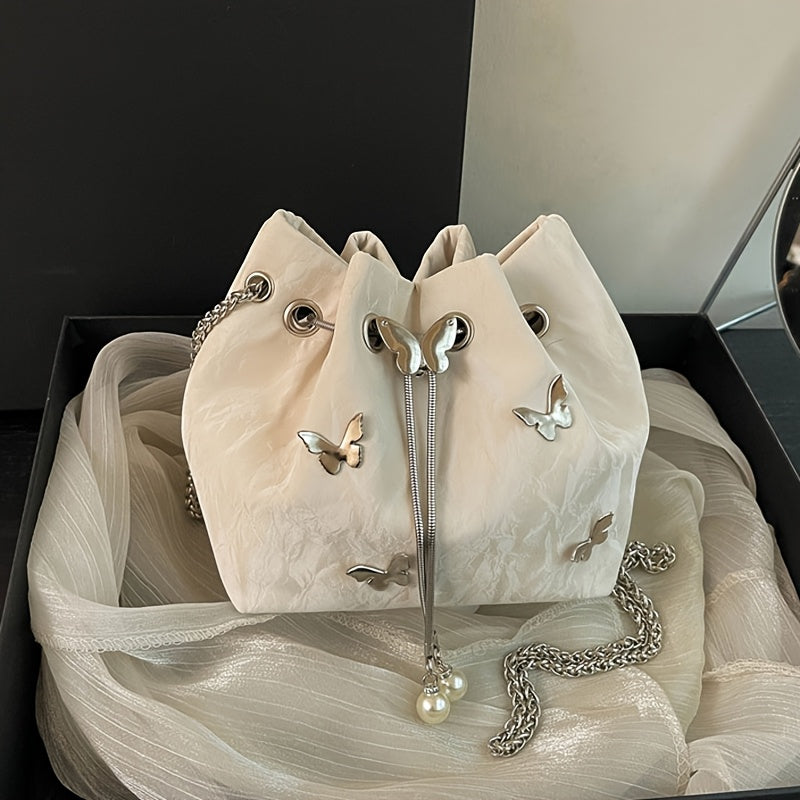 Fashionable Butterfly Crossbody Bag, Pleated Drawstring Butterfly Shoulder Crossbody Bag For Women, Small Chic Bucket Bag, Perfect For Work, Shopping, And Travel