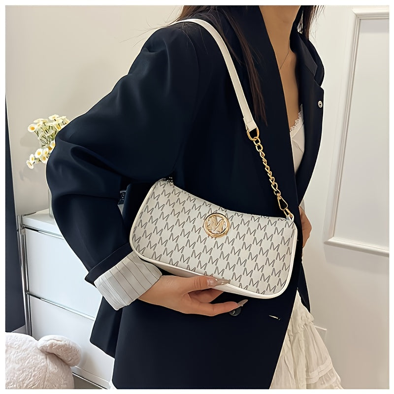 French-Style Vintage Underarm Bag for, New Letter Print Small Square Bag with Chain Shoulder Strap, Perfect Shoulder Bag with M Logo - Zipper Closure Shoulder Bag, Suitable for Daily Commute and Casual Outings, Fashion Accessory, Stylish Handbag