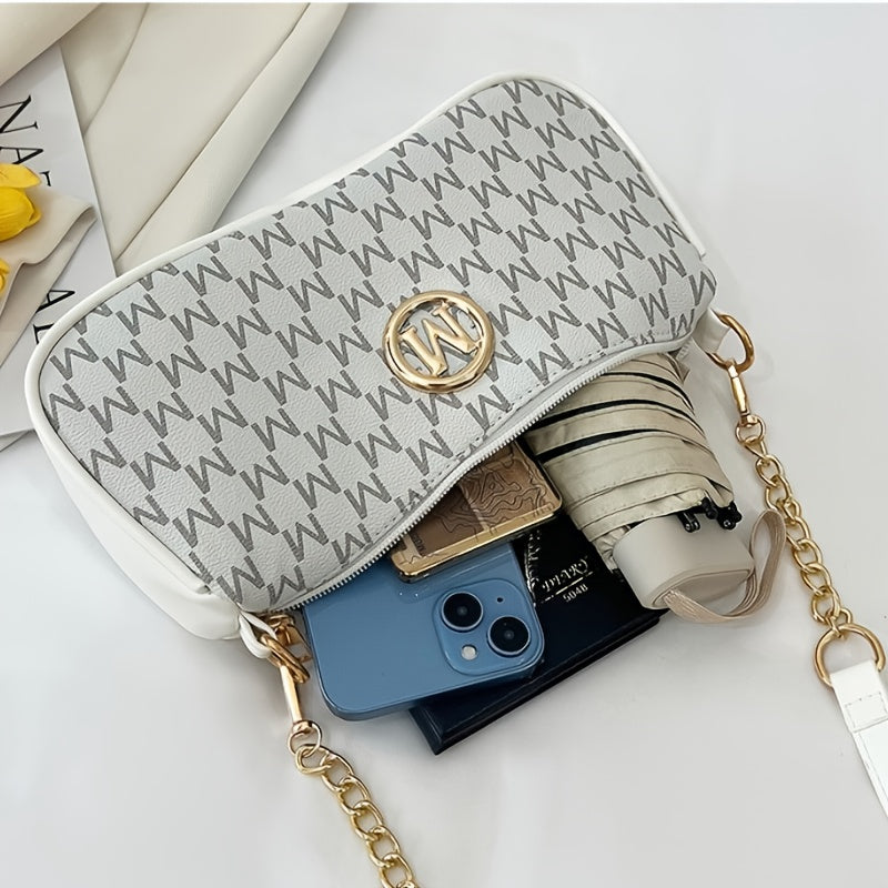 French-Style Vintage Underarm Bag for, New Letter Print Small Square Bag with Chain Shoulder Strap, Perfect Shoulder Bag with M Logo - Zipper Closure Shoulder Bag, Suitable for Daily Commute and Casual Outings, Fashion Accessory, Stylish Handbag