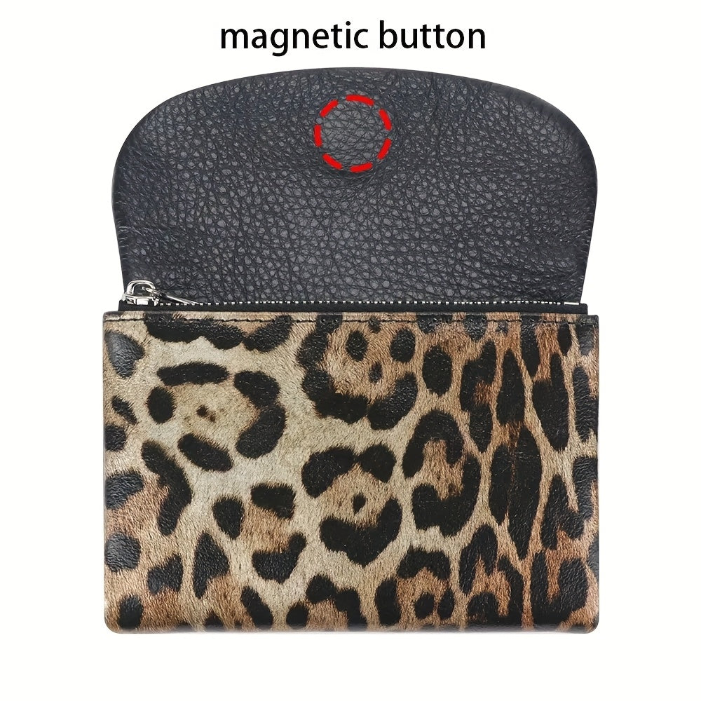 Women'S Leopard Print Wallet with Magnetic Closure & Photo Slot - Golden-Tone Hardware, Zipper Pocket & Coin Pocket, Golden-Tone Hardware, Compact Everyday Wallet For Women & S, Stylish Accessory, Fashionable Accessory, Fashion Lovers