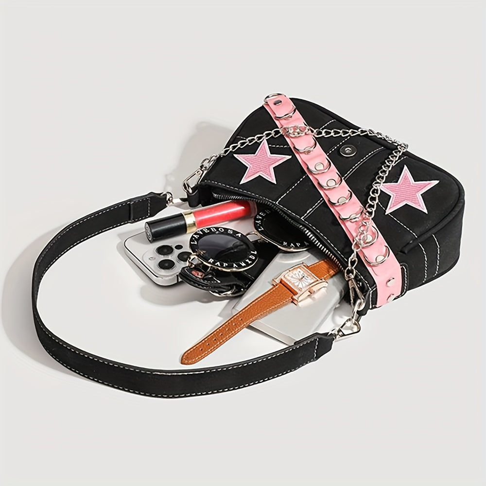 1pc Women's Retro Punk Chain Shoulder Bag - Detachable Strap, Zipper Closure, Nylon Handbag with Black & Red Star Embossed Design, Edgy Urban Style for Casual & Formal Outfits