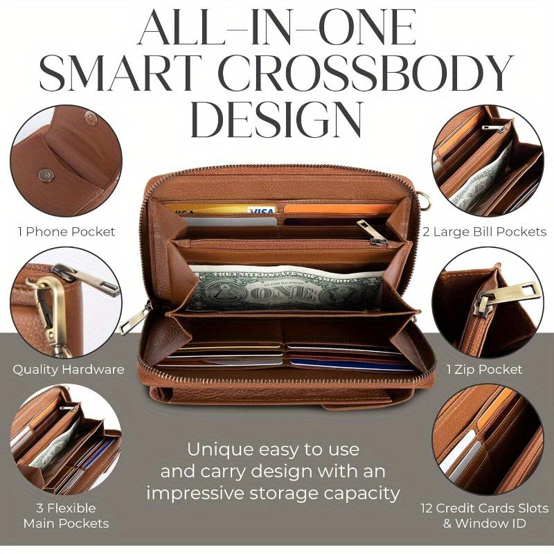 Crossbody Faux Leather Wallet Phone Purse, Anti Theft and RFID Blocking, Small Elegant Design for Travel