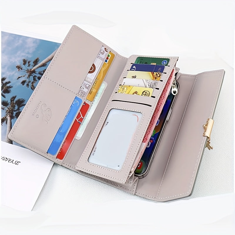 Women'S Elegant Retro Long Hand Wallet - 3-Fold Flip Purse with Zipper Closure, Golden-Tone Hardware & ID Window, Durable PVC Material, Multi-Compartment Organizer for Credit Cards, Cash & Everyday Use - & Multi-Color Options