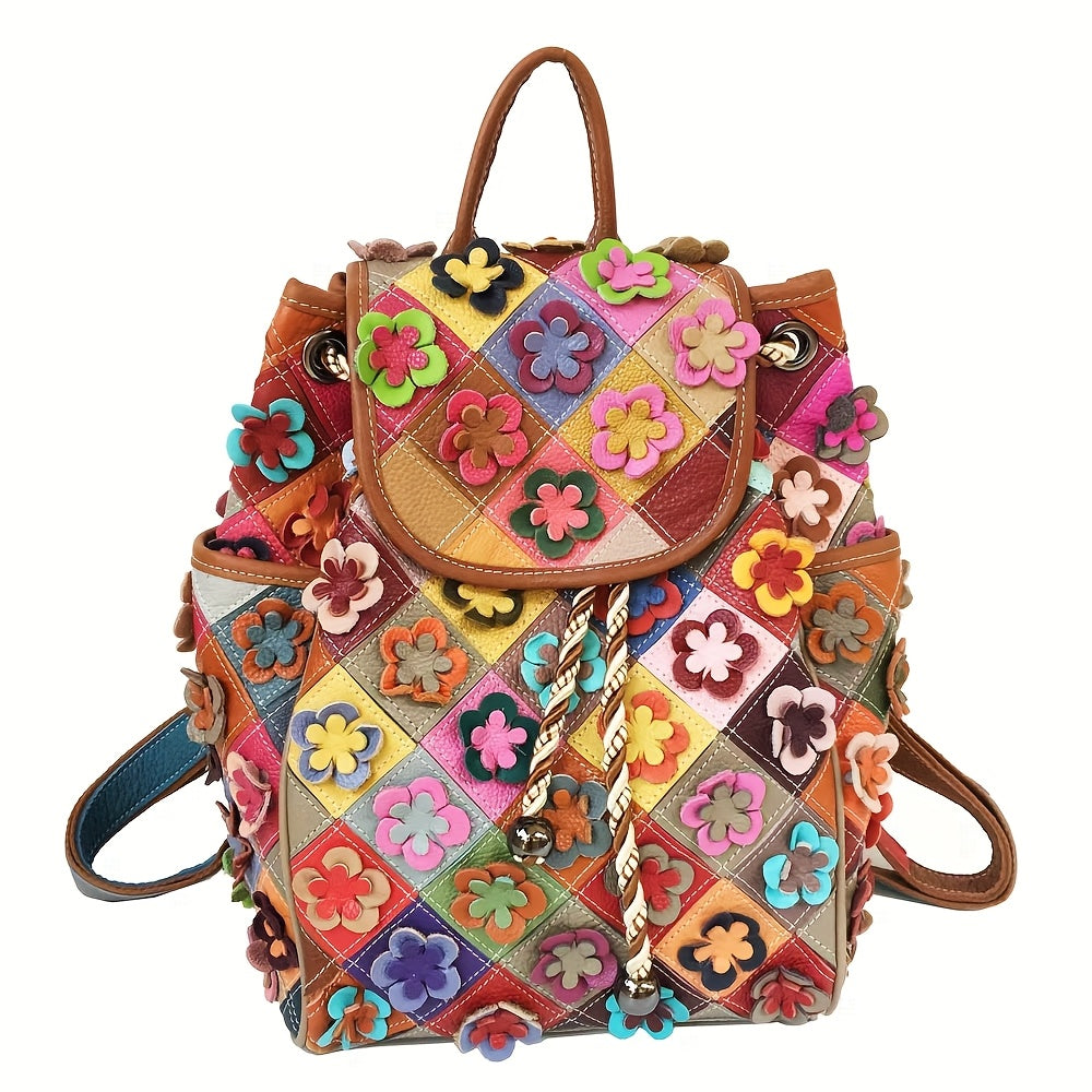 Women'S Bohemian Floral Backpack - Handmade Genuine Cowhide Leather Multicolor Flower Design with Adjustable Straps & Drawstring Closure, Vibrant Boho School Backpack for Travel, Festivals, Everyday Use - Durable & Spacious Main Compartment (No Hard